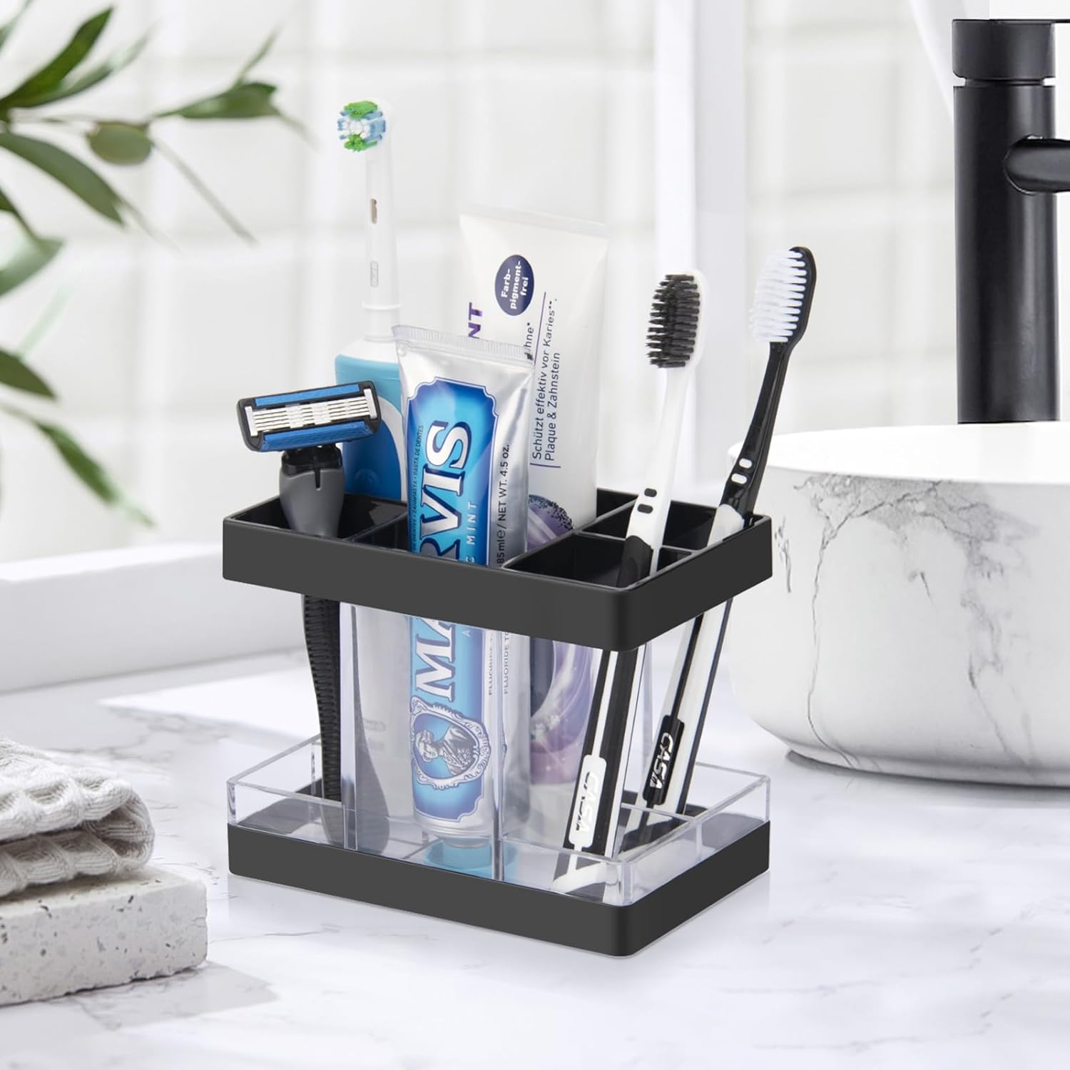 Toothbrush Holder Set for Bathroom Countertop Organizer with 5 Slots for Family Kids Black - Image 2