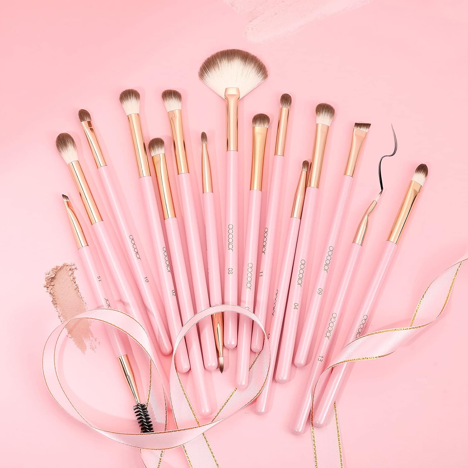 Docolor Pink 15-Piece Soft Synthetic Hair Eye Makeup Brush Set - Image 8
