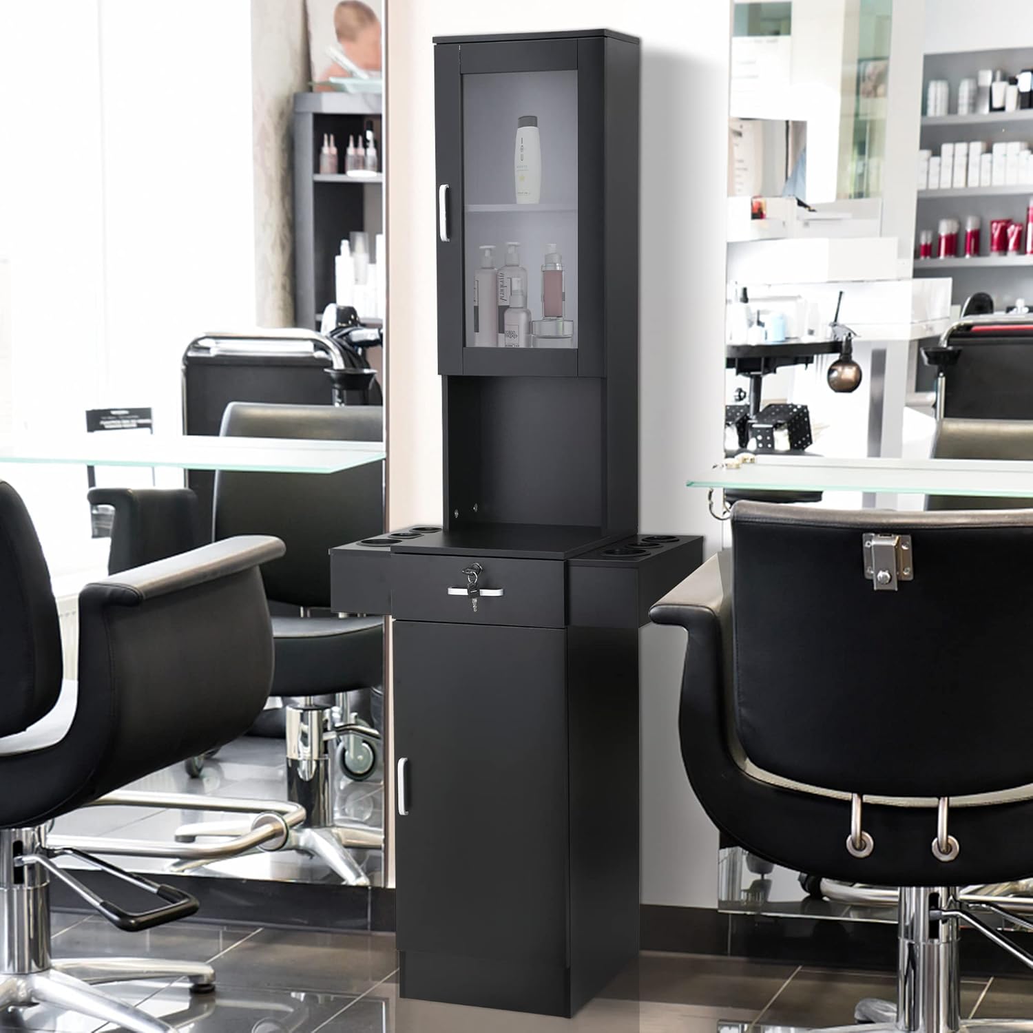 NicBex Hair Salon Station for Stylist,Wall Mount Hair Styling Salon Barber Equipment Set with Locking Drawer, Glass Door, Storage Cabinets, Dryer Holders for Beauty Spa Barber Shop,Black