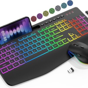 Wireless Keyboard and Mouse Combo, 9 Backlit Effects, Wrist Rest, Phone Holder, 2.4G Lag-Free Ergonomic Keyboards, Rechargeable Silent Cordless Set for Computer, Laptop, PC, Mac, Windows -SABLUTE