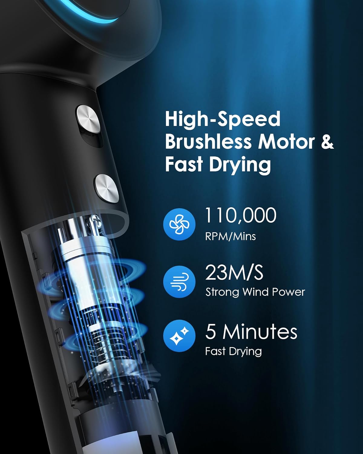 Zhiyangfei Black 110,000 RPM Negative Ion Hair Dryer with 3 Heat Settings and Magnetic Nozzle - Image 3