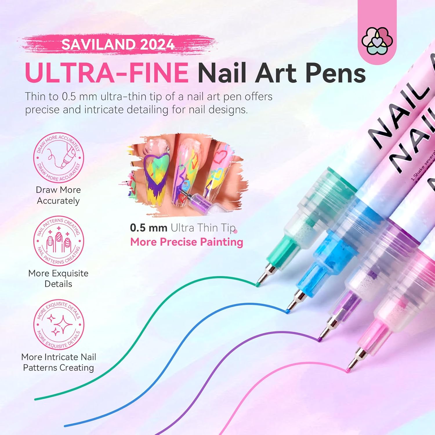 Saviland 12 Color Nail Art Pens Set 0.5mm Tip Quick Drying for DIY Designs - Image 3