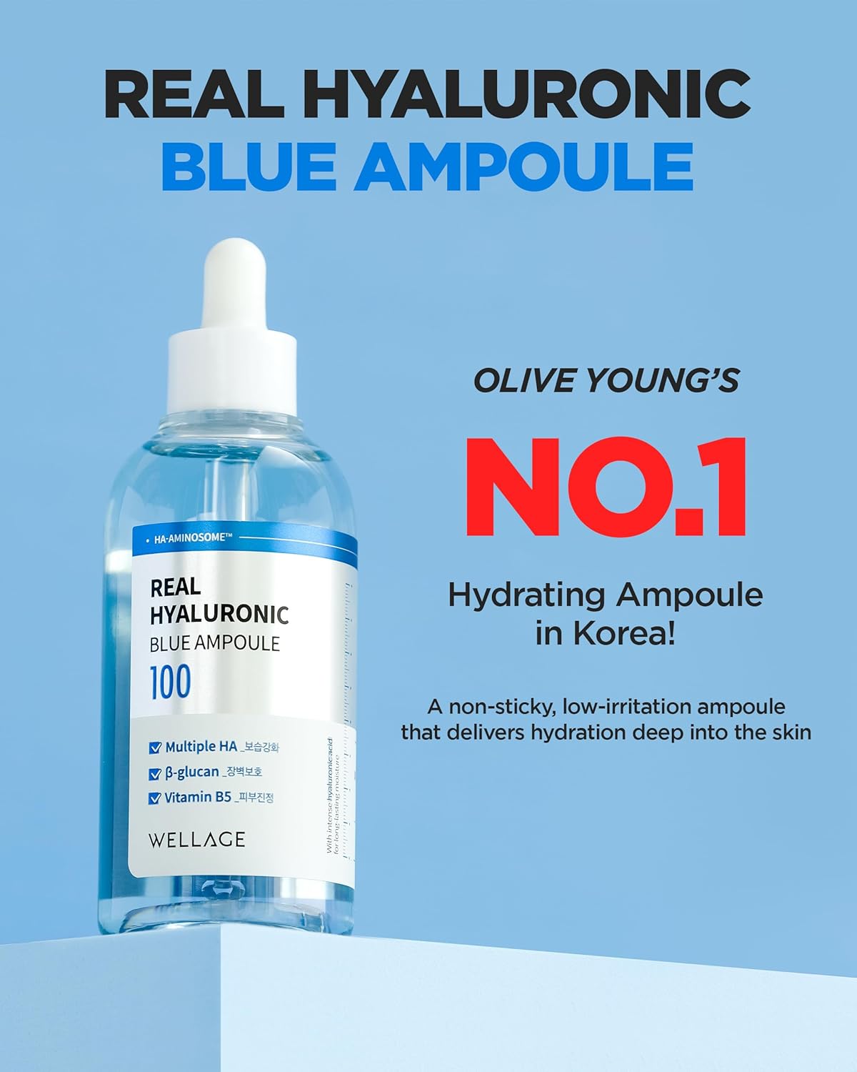 WELLAGE Real Hyaluronic Blue Ampoule 100ml Fragrance Free Hydrating Serum for Sensitive Skin - Image 2