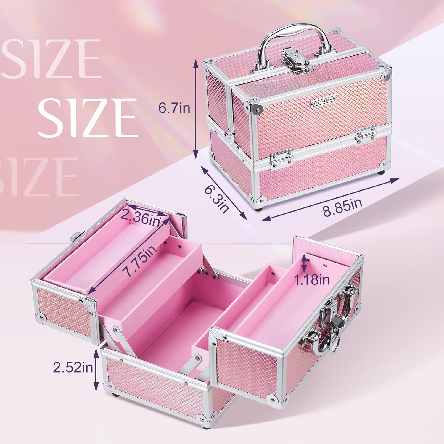 FRENESSA Mermaid Pink Portable Makeup Train Case Organizer with Locking Nail Kit - Image 5