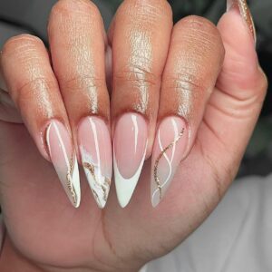 Stiletto Press on Nails Long Fake Nails White French Tip False Nails with Design Gold Swirls Line Glue on Nails Glossy Full Cover Acrylic Stick on Nails Marble Artificial Nails for Women 24Pcs