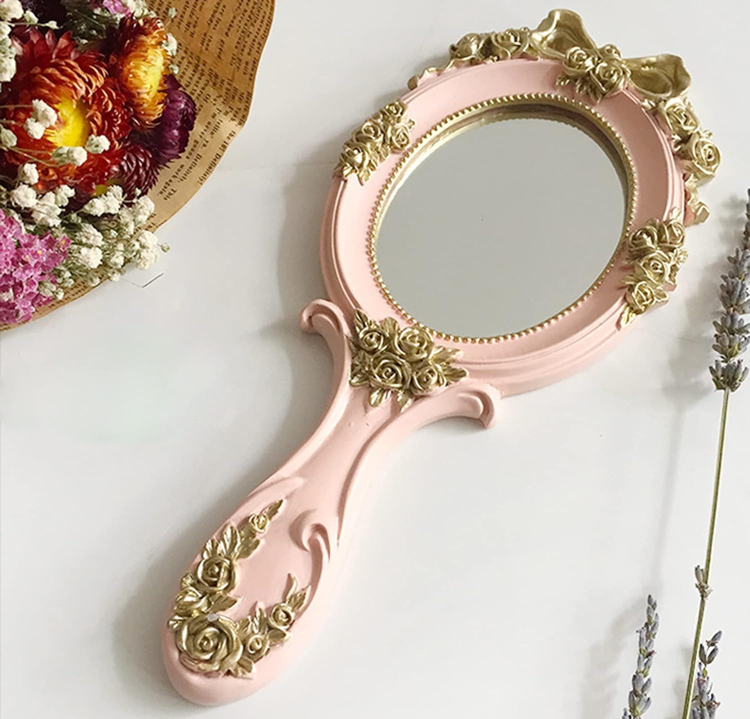 Nerien Pink Oval Handheld Makeup Mirror Decorative Rose Design - Image 5
