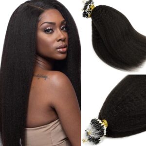 Caliee Microloop Kinky Straight 16 Inch, Micro Beads Human Hair Extensions Natural Black 1B Color 50g Real Remy Hair Extensions 50s