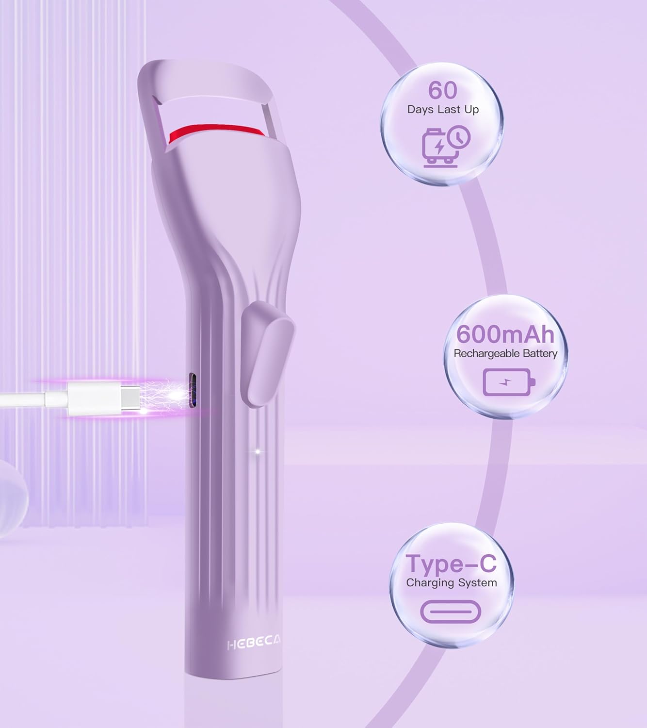 Rechargeable Heated Eyelash Curler Purple 600mAh Battery Silicone Pad Long-Lasting Lift - Image 7