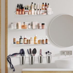 4-Lay Hair Tool Organizer, 15 in Acrylic Hair Tool Organizer Wall Mount with 4 Stainless Steel Cups, Blow Dryer Stand Hair Tool Organization for Bathroom Accessories, Makeup, Toiletries