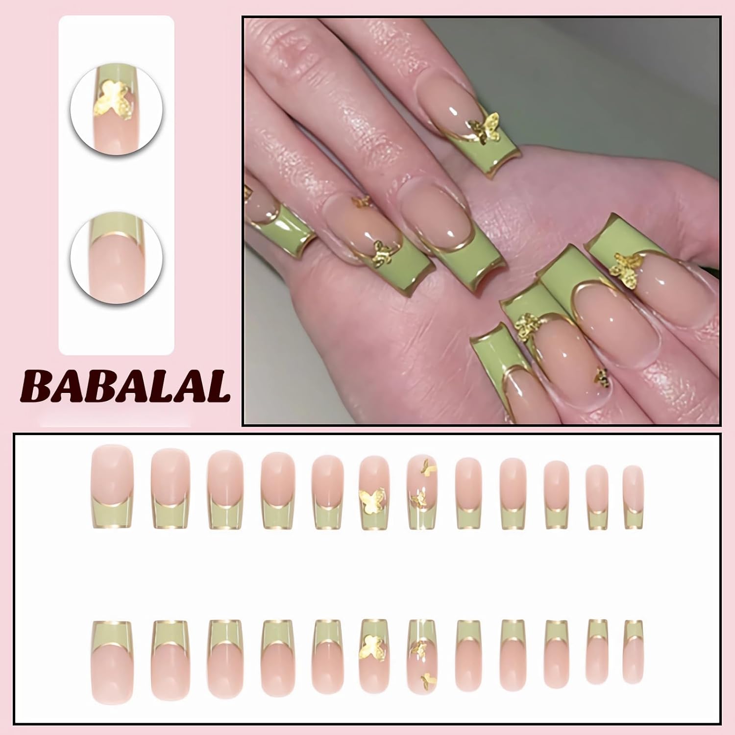 24 Pcs Long Square French Tip Press On Nails with 3D Butterfly Charm - Image 3
