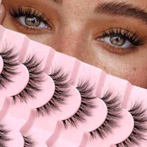 Lashes Natural Cat Eye Lashes Wispy Eyelashes 15mm False Eyelashes Wispy Lashes 3D Volume Strip Eyelashes Thin Cotton Band Soft Fake Eyelashes False Lashes Pack 7 Pairs Siligli