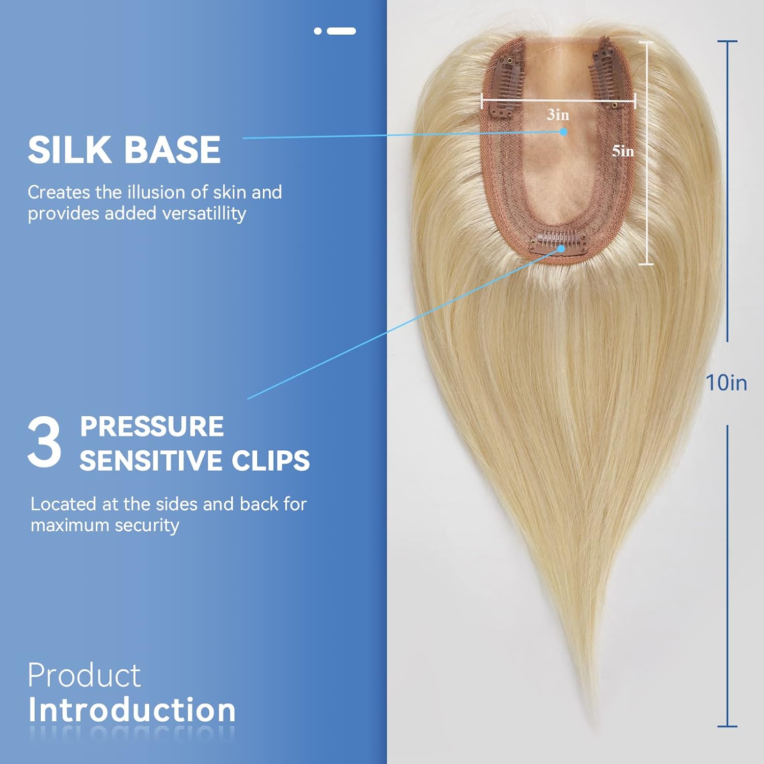 EMMOR Women's 10 Inch Bleach Blonde Hair Topper with Bangs, 150% Density Silk Base Three Clip - Image 3