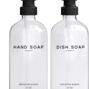 Clear Glass Hand and Dish Soap Dispenser Set by Brighter Barns - Kitchen Soap Dispenser Set & Pump - Glass Bottles for Kitchen Sink - Neutral Home Decor, Modern Farmhouse Bathroom Accessories (Clear)