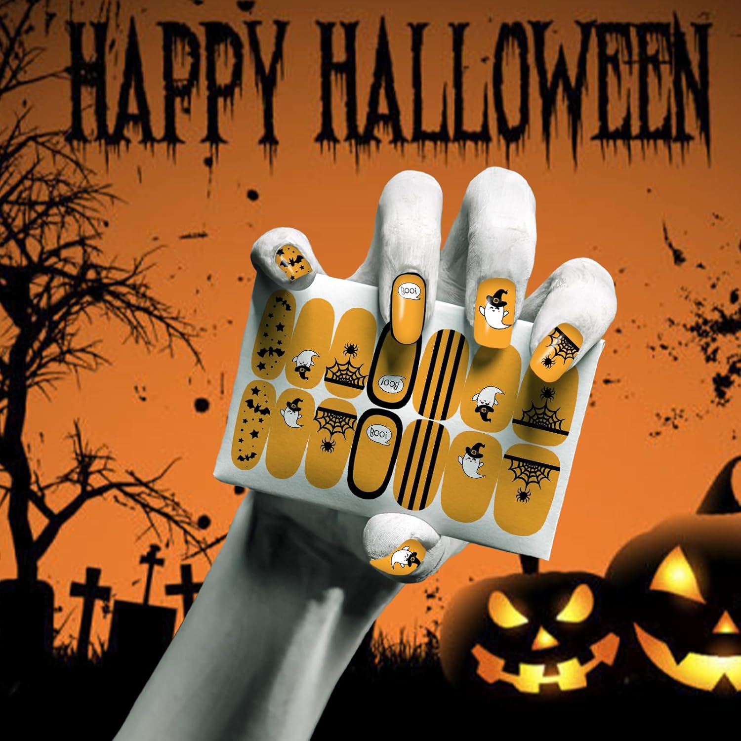 12 Sheets Halloween Nail Wraps Stickers with Glitter Patterns and 2 Nail Files for DIY Decor - Image 2
