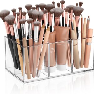 HIIMIEI Clear Makeup Brush Holder Organizer Acrylic 6-Slots Cosmetic Brushes Storage Organizer for Vanity Countertop