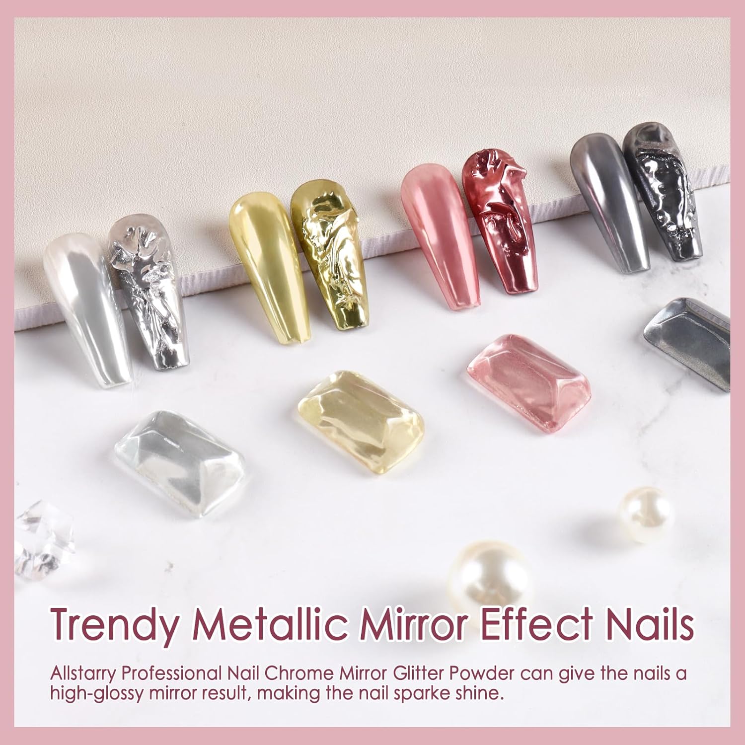 Allstarry 4-Color Metallic Chrome Nail Powder Set - Gold, Silver, Pink Holographic Glitter - Image 2