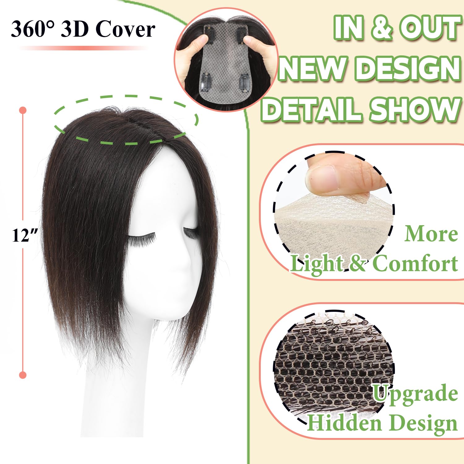 12 Inch 360° 3D Human Hair Topper for Women with Thinning Hair - Image 2