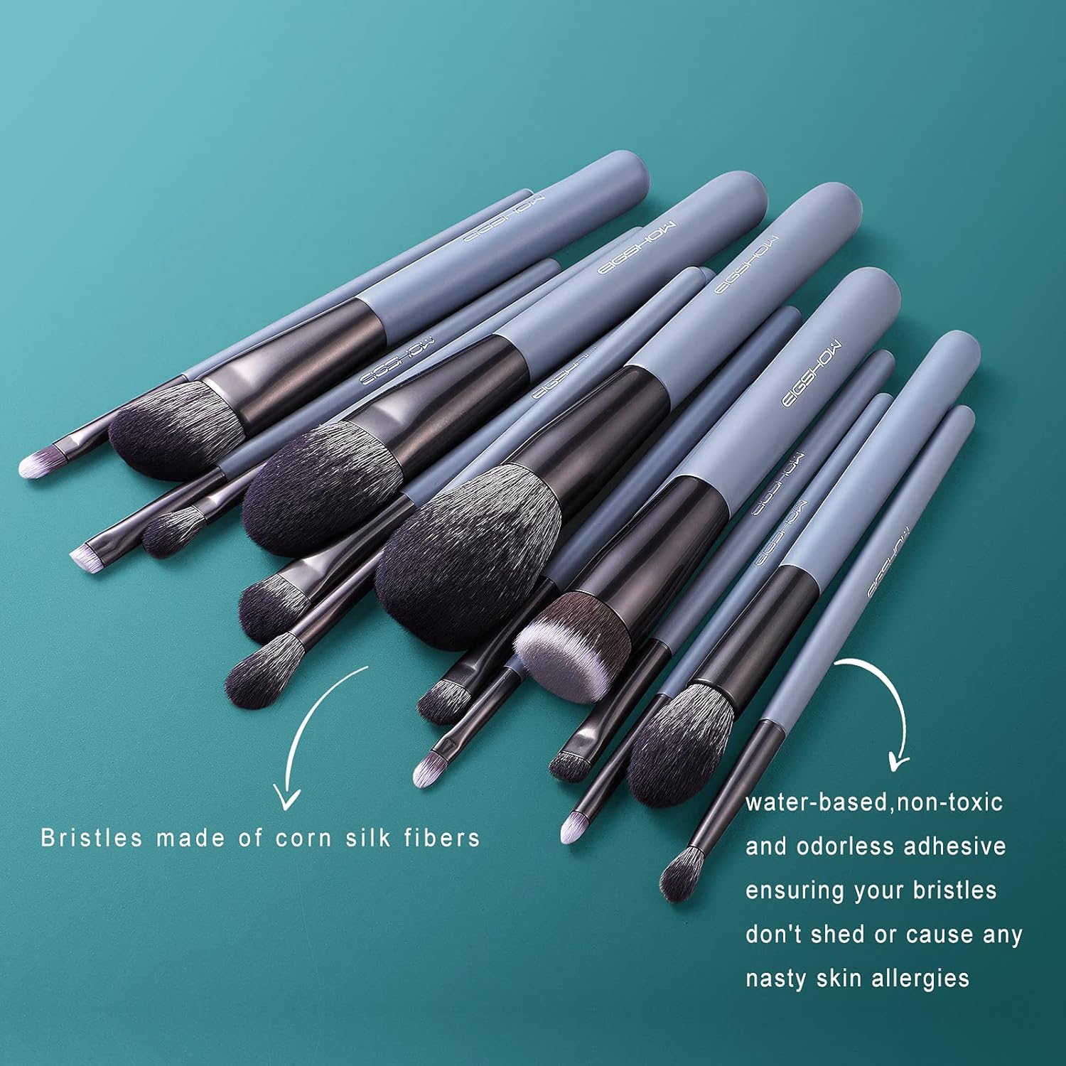 EIGSHOW 15-Piece Professional Makeup Brush Set for Face and Eyes in Grey - Image 7
