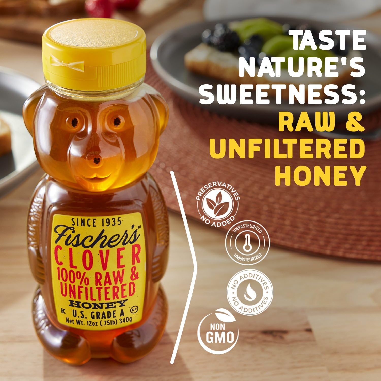 Fischer's 12 Oz 100% Pure Raw Unfiltered Clover Honey Squeezable Bear Bottle - Image 3