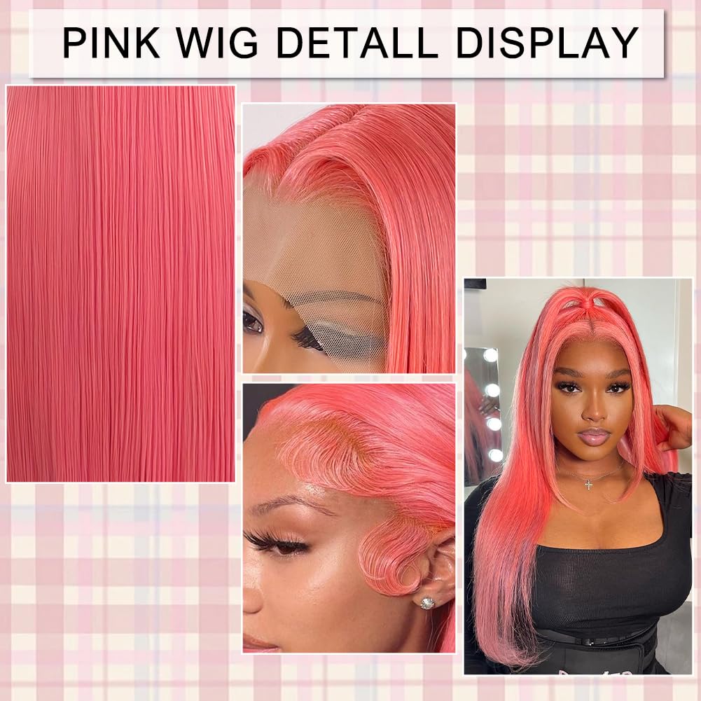 18 Inch Human Hair Pink Lace Front Wig Straight Pre Plucked with Baby Hair - Image 4
