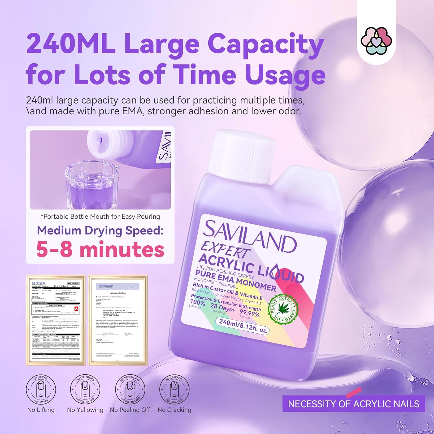 Saviland 8oz Odorless EMA Acrylic Liquid Monomer Kit with Brush and Dappen Dish - Image 3