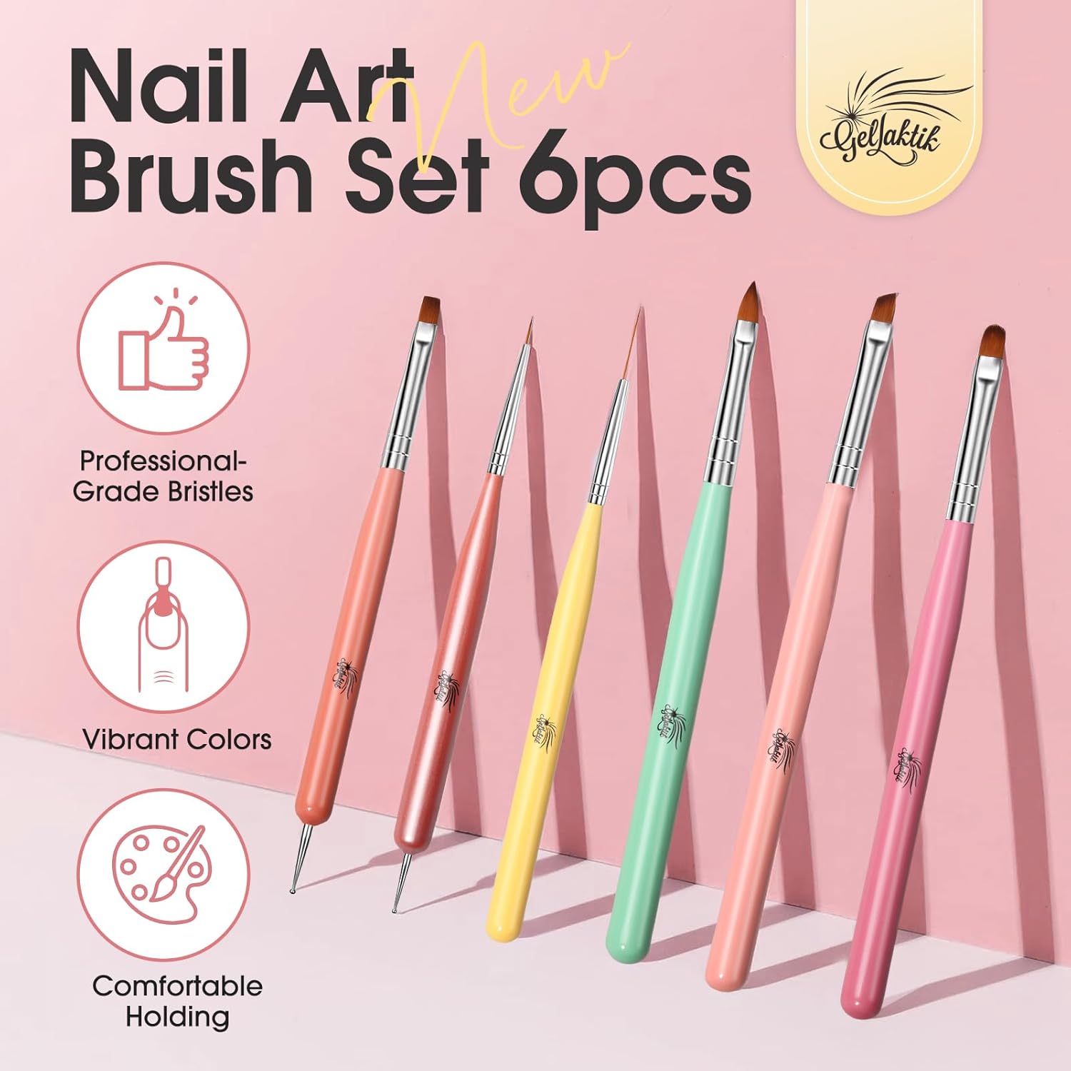 6PCS Rainbow Nail Art Brush Set for Professional Nail Design, DIY Manicure Kit - Image 2