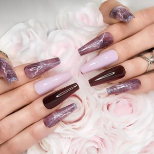 Hypnaughty 24 Pcs Bordeaux Marble Extra Long Coffin Press On Nails and Glue with Light Pink and Solid Bordeaux Reusable XL False Nails (Bordeaux Marble)