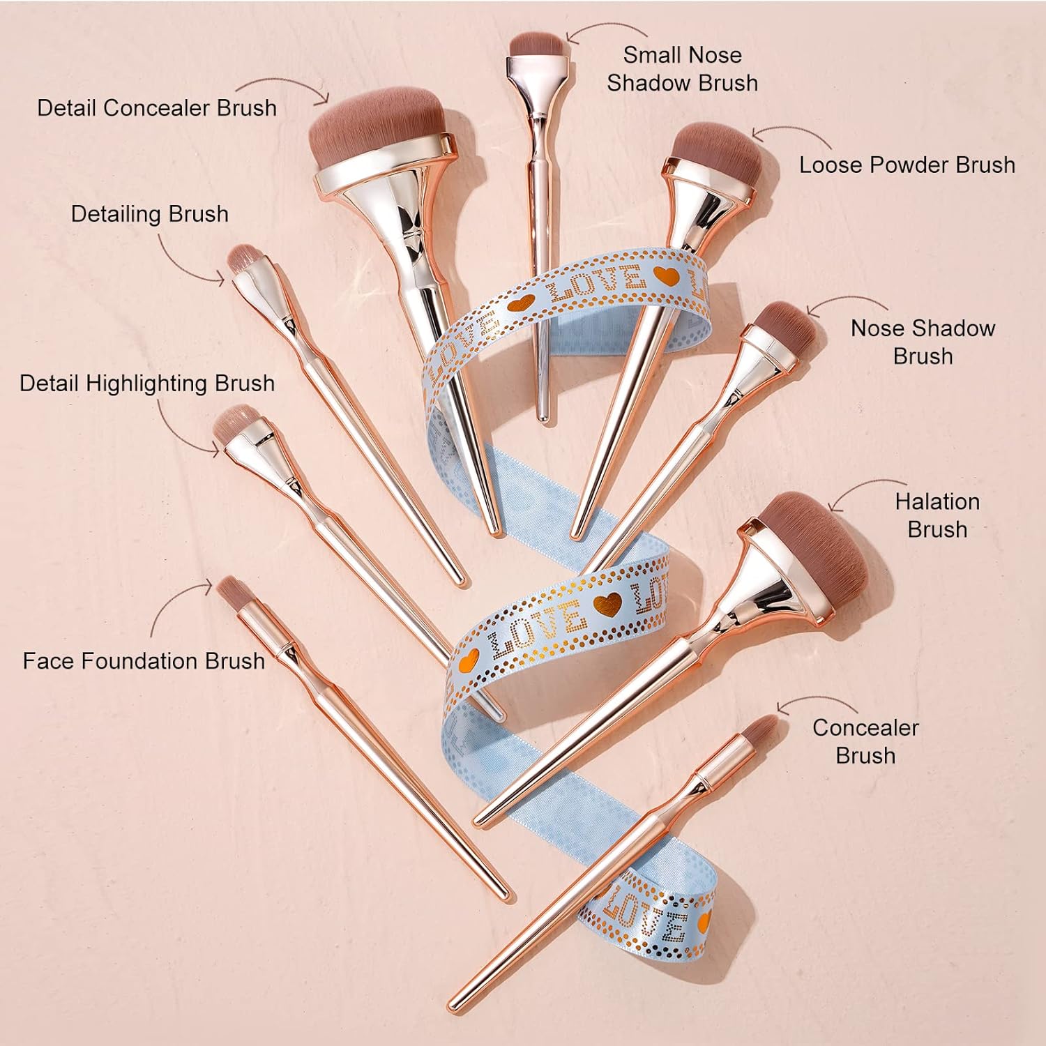 Rose Gold 10-Piece Makeup Brush Set for Foundation, Blush, Contour, Concealer, Eyeshadow - Image 4