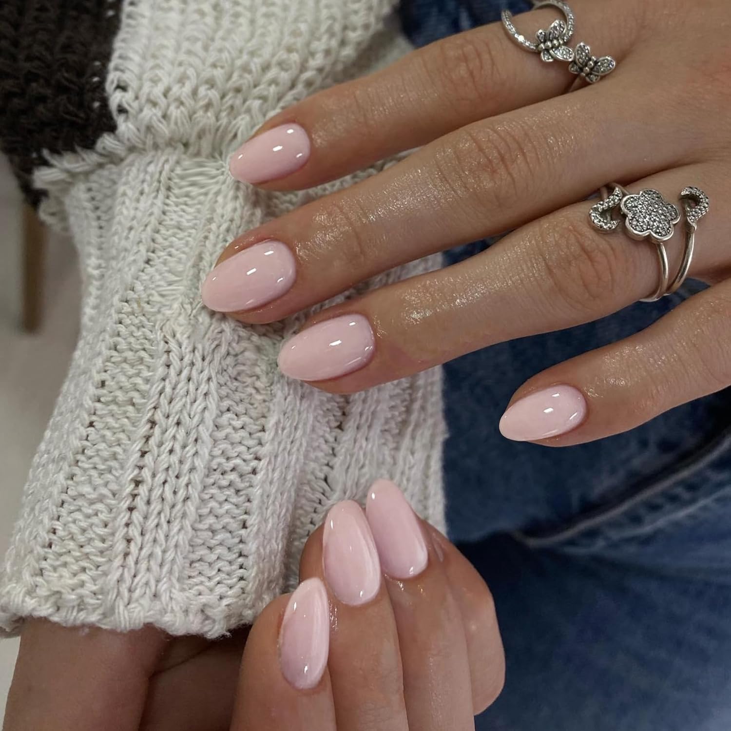 Dusty Baby Pink Press on Nails Short Oval Round Nails Glue on, SXVME Short Fake Nails Press ons, Acrylic False Nails Handmade of Gel, Best Thick Natural Almond Nails for Big & Petite Fingers, 24Pcs