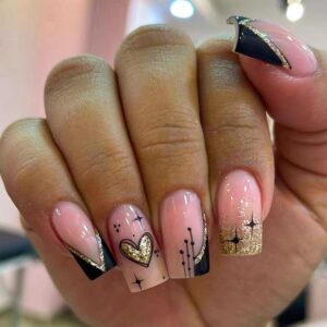 Press-on Nails, 24Pcs Medium Square False Nails with Glitter Designs, Black, Pink Glossy, Nude, for Women Manicure