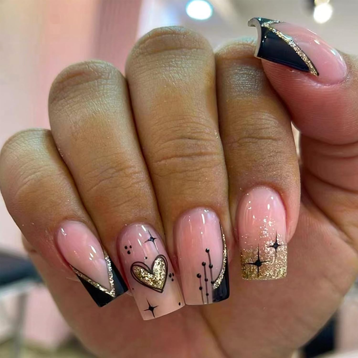 Press-on Nails, 24Pcs Medium Square False Nails with Glitter Designs, Black, Pink Glossy, Nude, for Women Manicure