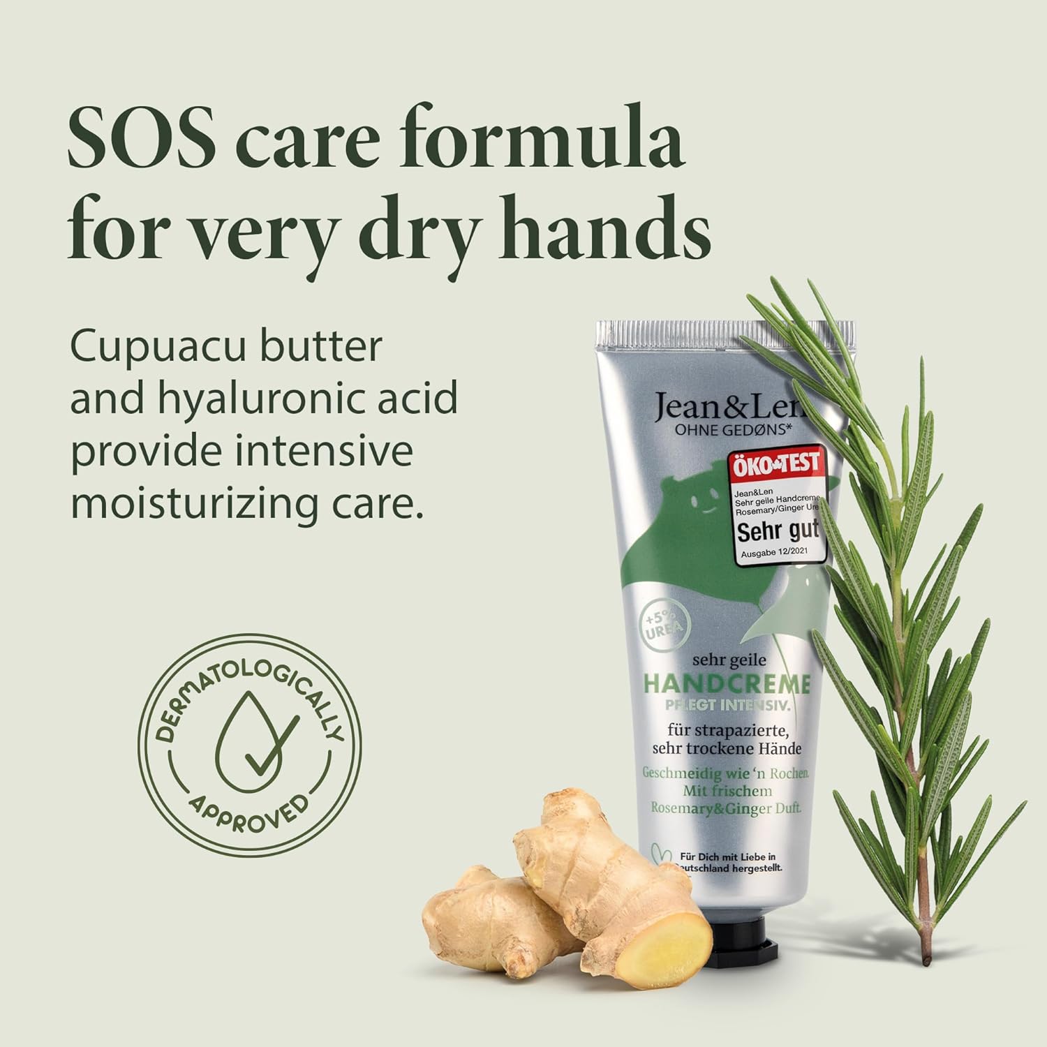 Jean & Len Rosemary Ginger Urea Hand Cream for Dry Hands 2.54 ml Tube - Image 3
