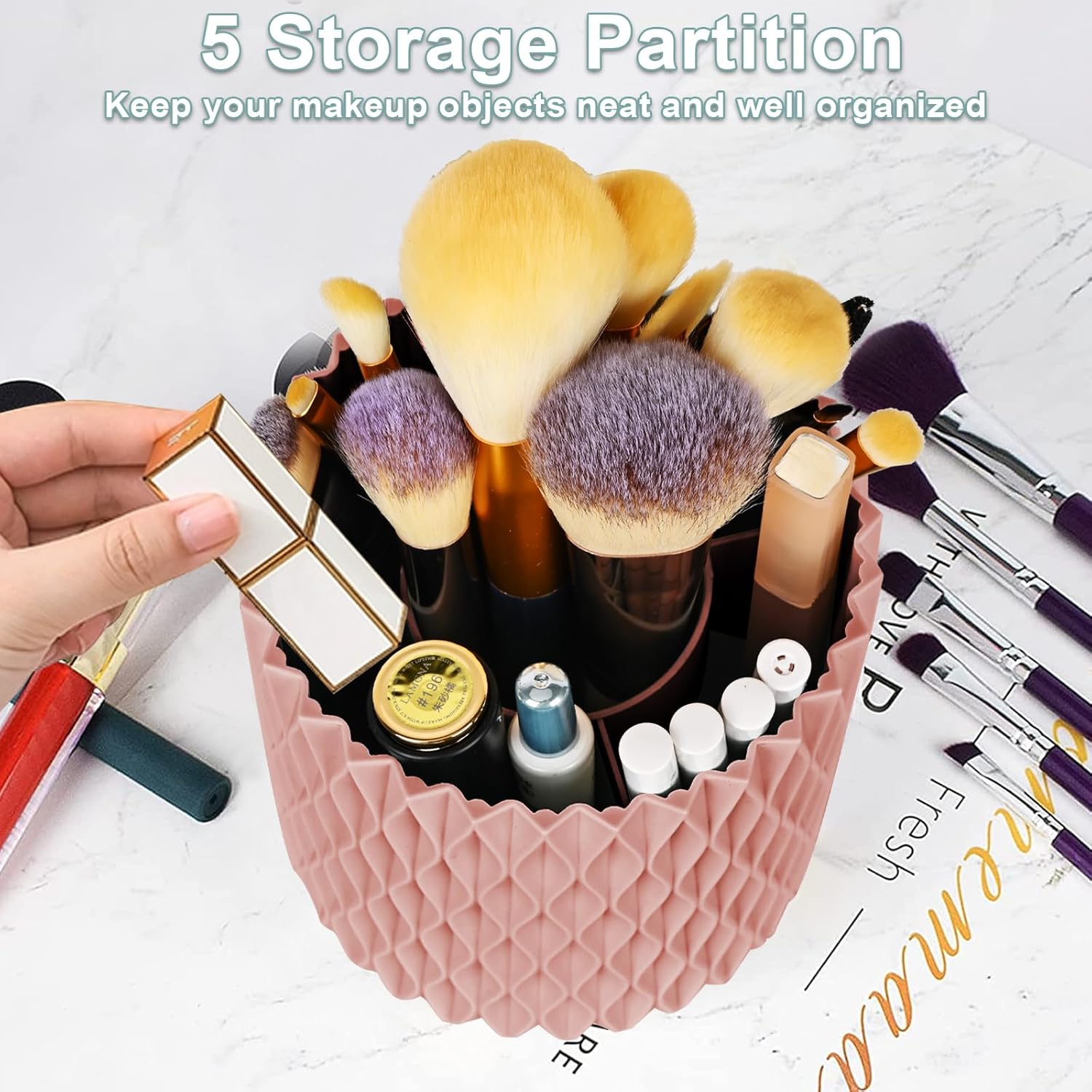 Pink 360 Rotating Makeup Brush Holder, 5 Slots, Vanity Organizer, Classic Style - Image 6