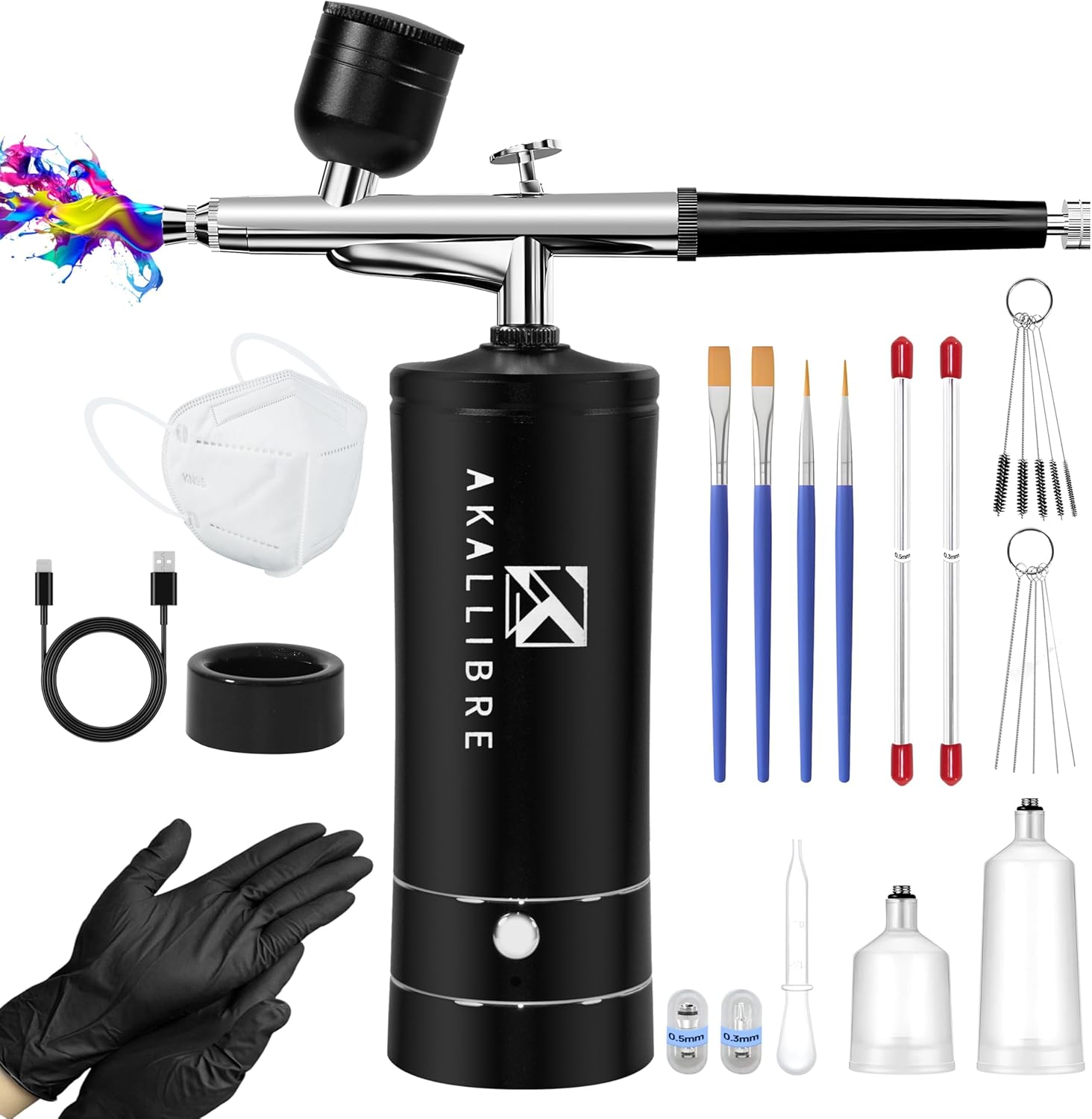 AKALLIBRE Airbrush Kit with Compressor, 48PSI High-Pressure Non-Clogging Airbrush Gun with 0.2/0.3/0.5mm Nozzles, Portable Airbrush for Nails Art, Cake Decoration, Painting etc.