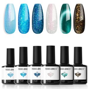 modelones Gel Nail Polish Set, 6 Colors Blue Green Glitter Cat Eye Black Silver Sparkle Shimmer Gel Polish Kit with Magnet Ocean Series Soak Off Nail Art Manicure Home Gift for Women Girl