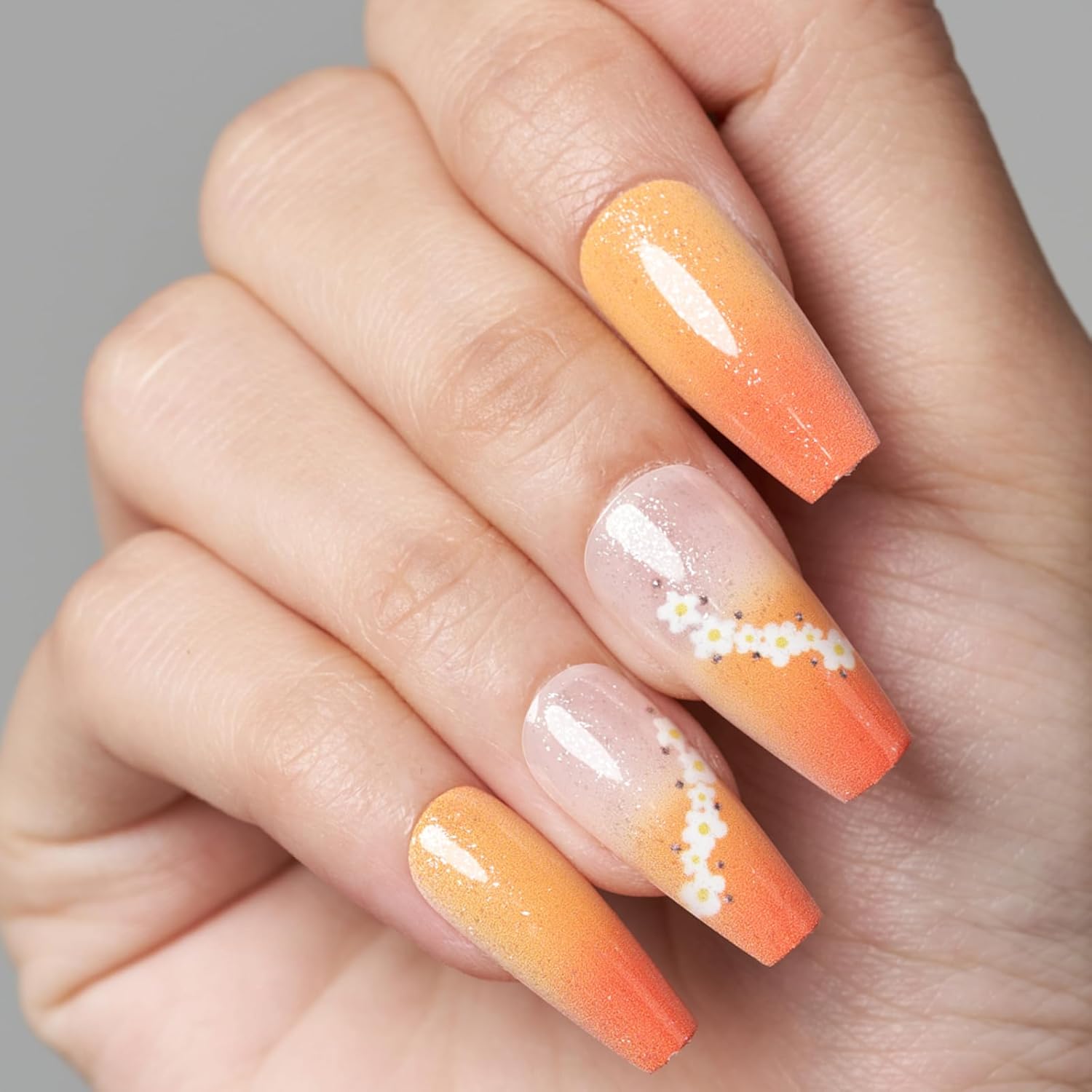 GLAMERMAID Long Ombre Orange Coffin Press on Nails 24 Pcs Reusable with Adhesive Tabs - Image 3