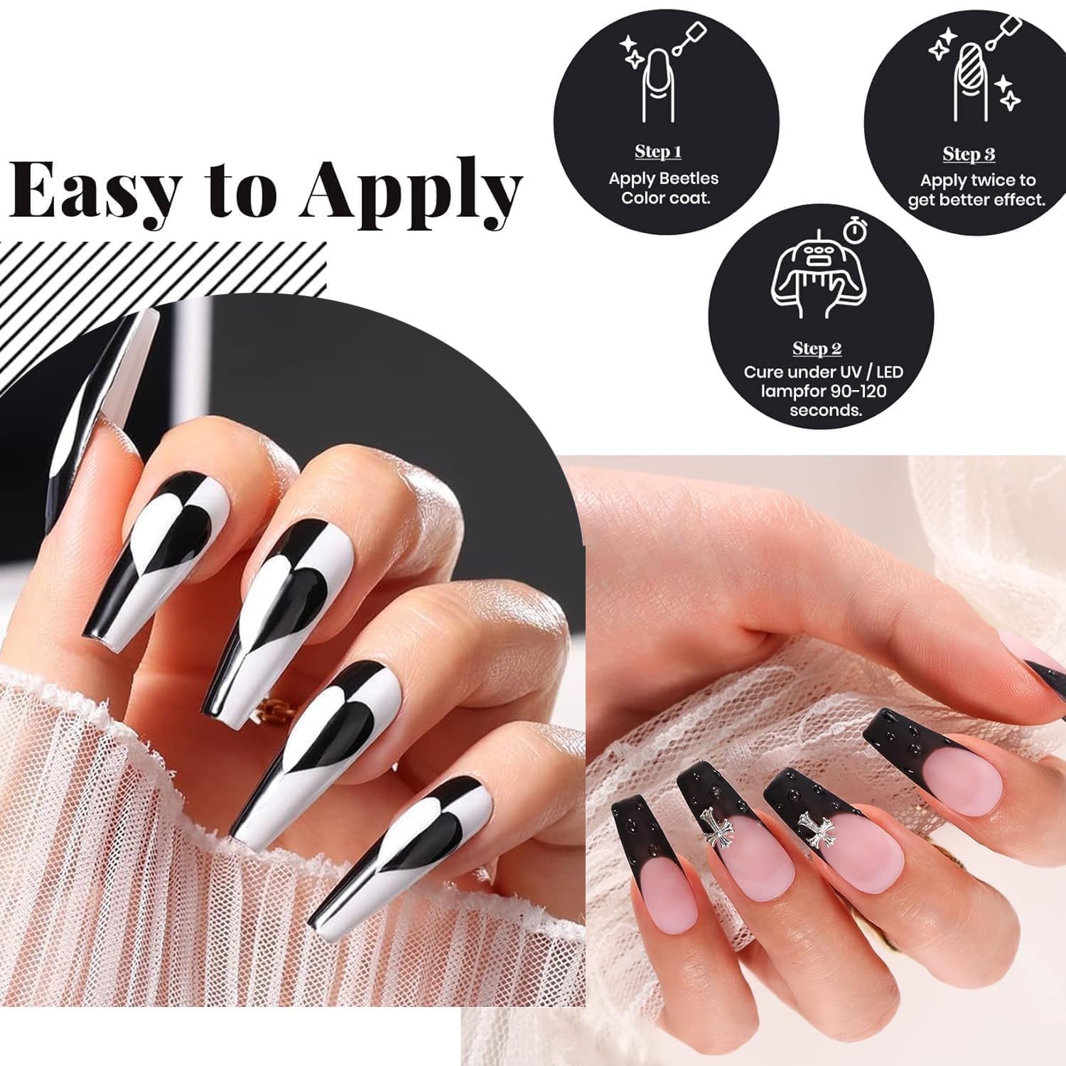 Beetles 3 Pc Gel Nail Polish Kit: Black Base Coat Top Coat Long Lasting Shine - Image 3