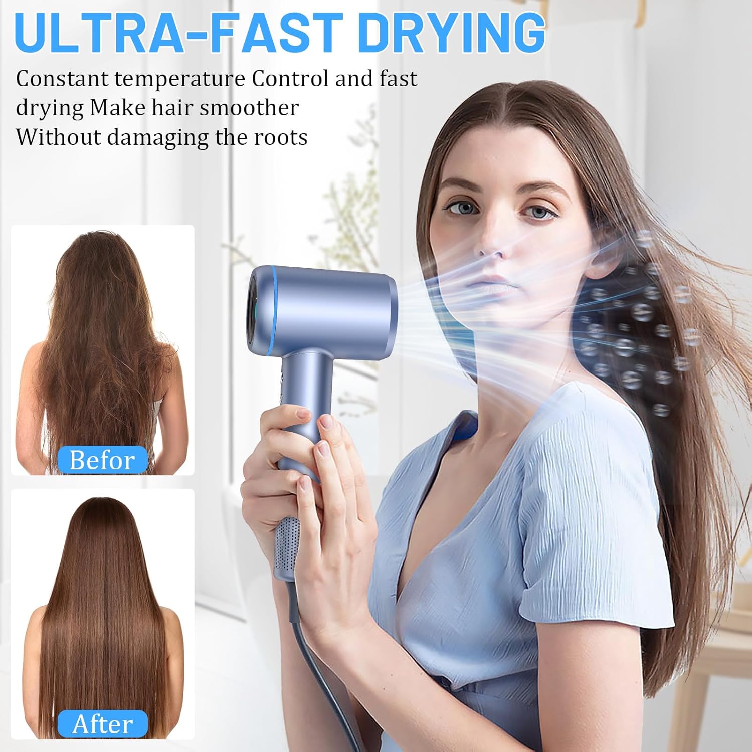 AOMEES 1600W Ionic Hair Dryer with HD Display, 4 Heat Settings, Sky Blue - Image 4