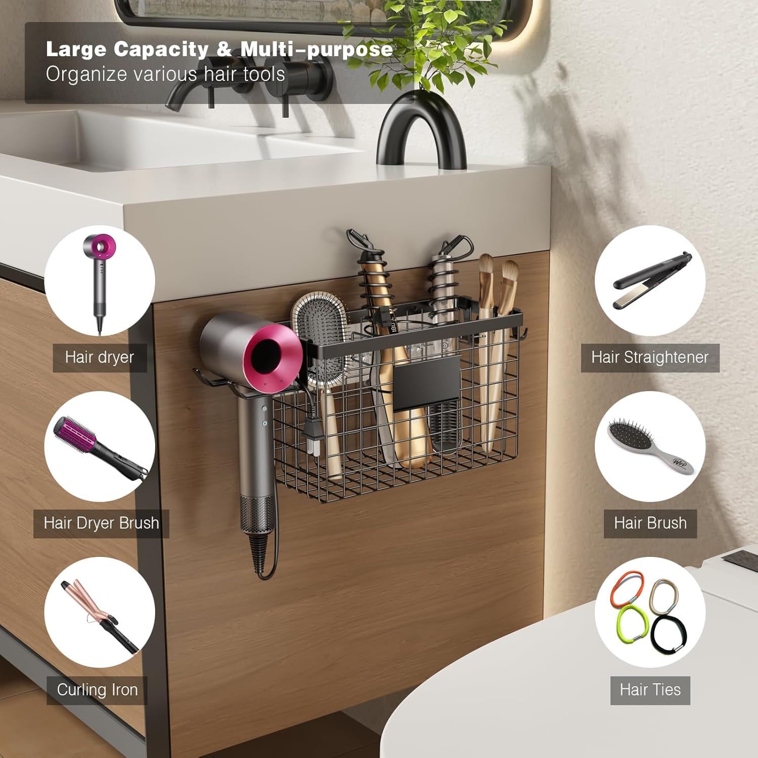 Voldra Black Cabinet Door Hair Dryer Holder, Adjustable Wall Mount Organizer for Styling Tools - Image 2