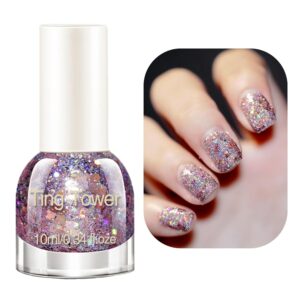 Light Pink Glitter Nail Polish - 10ml Quick Dry Sparkly Clear Holographic - Iridescent Chunky for Nail Art Manicure at Home