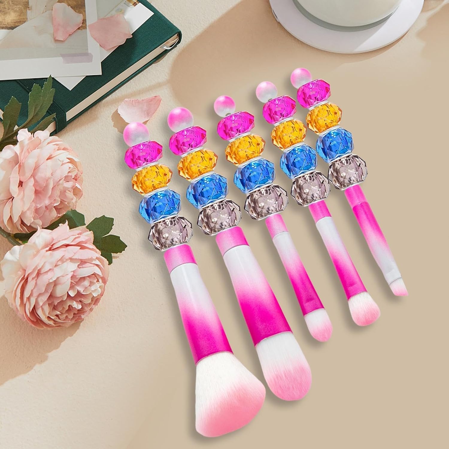 5pc Pink & White Beadable Makeup Brush Set with Free Powder Puff for Foundation - Image 2
