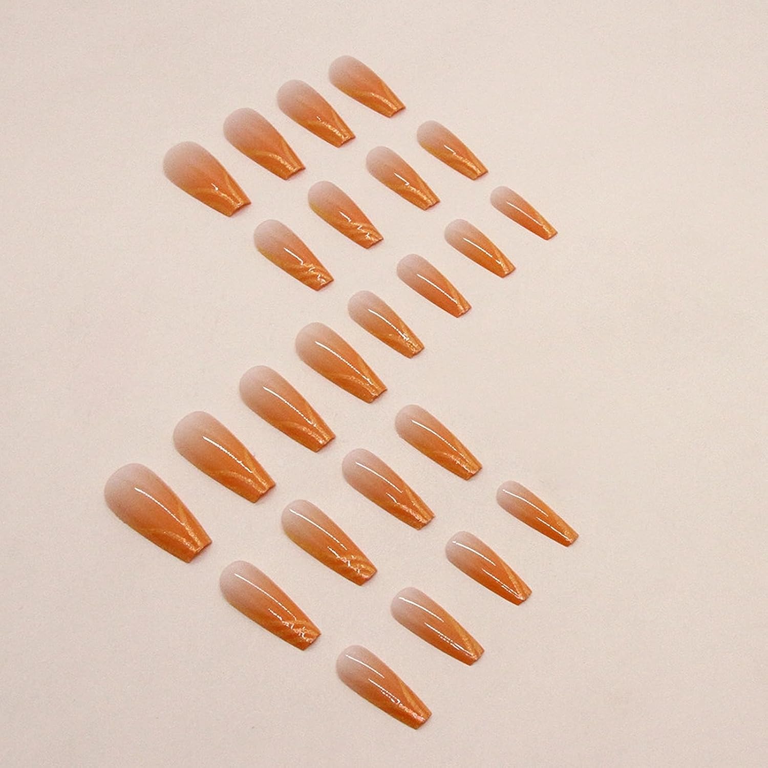 MISUD 24 pcs Long Glossy Orange Ombre Acrylic Coffin Press on Nails Ballerina Design - Image 3