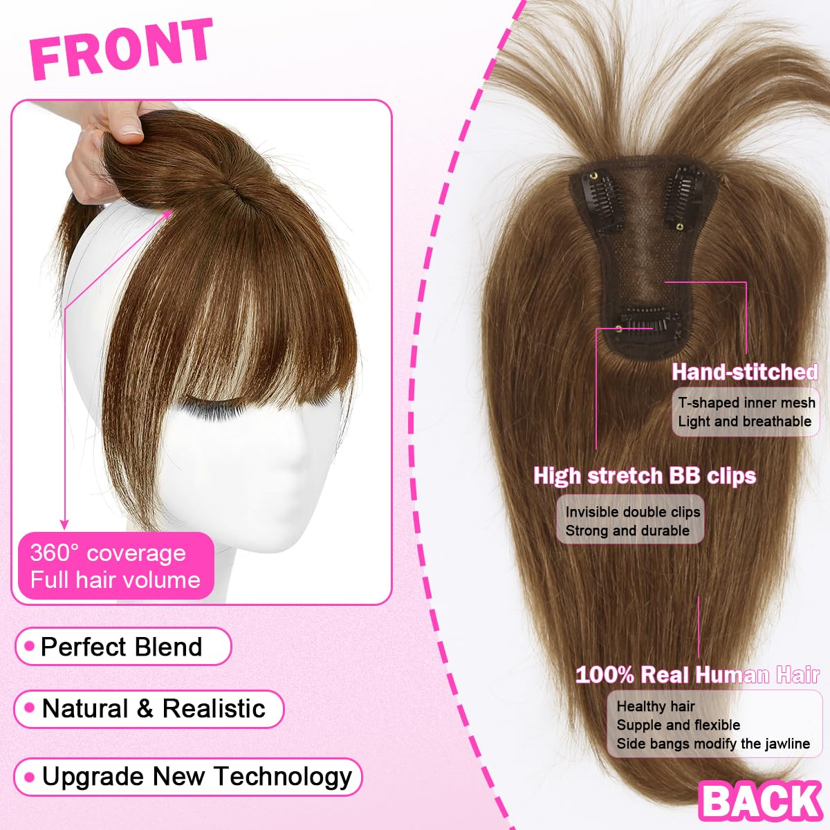 Light Brown 12 Inch Real Human Hair Topper with 360° Coverage and Clip-in Bangs - Image 4