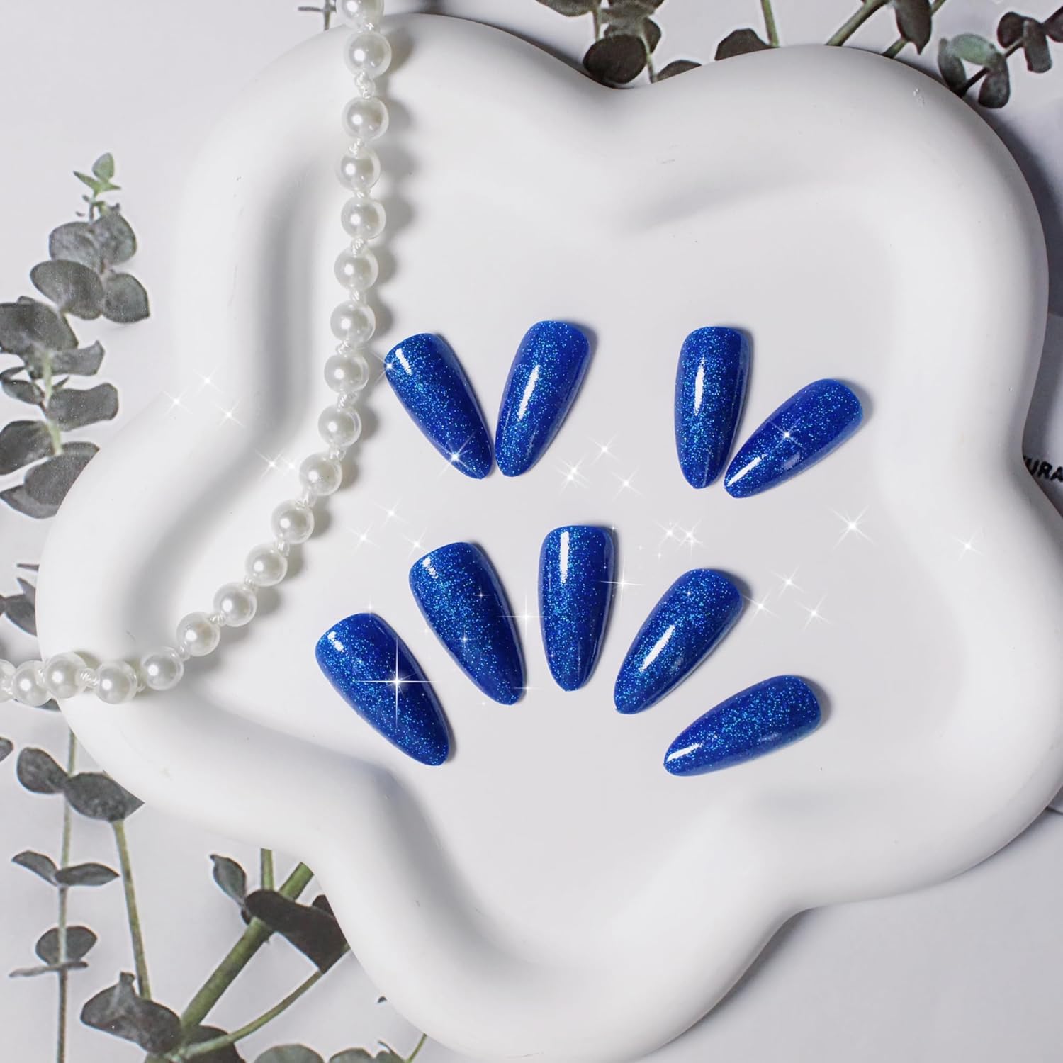 Royal Blue Glitter Almond Medium Length Reusable Acrylic Press On Nails for Women - Image 2