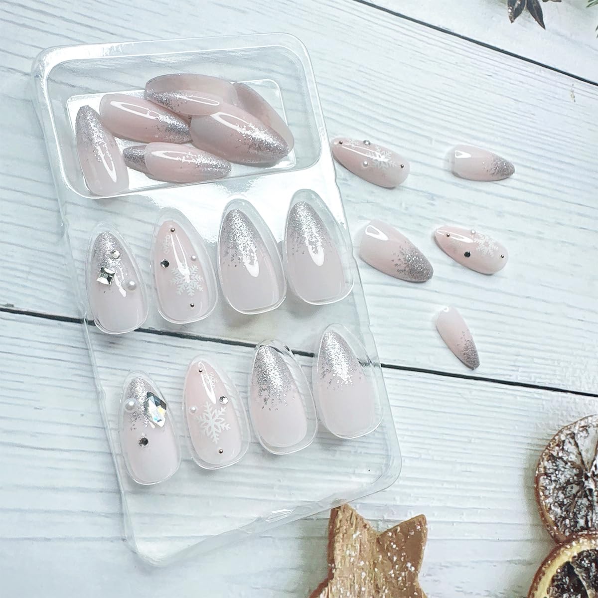 Christmas Almond Medium Press on Nails 24Pcs with Snowflakes and Rhinestones - Image 4