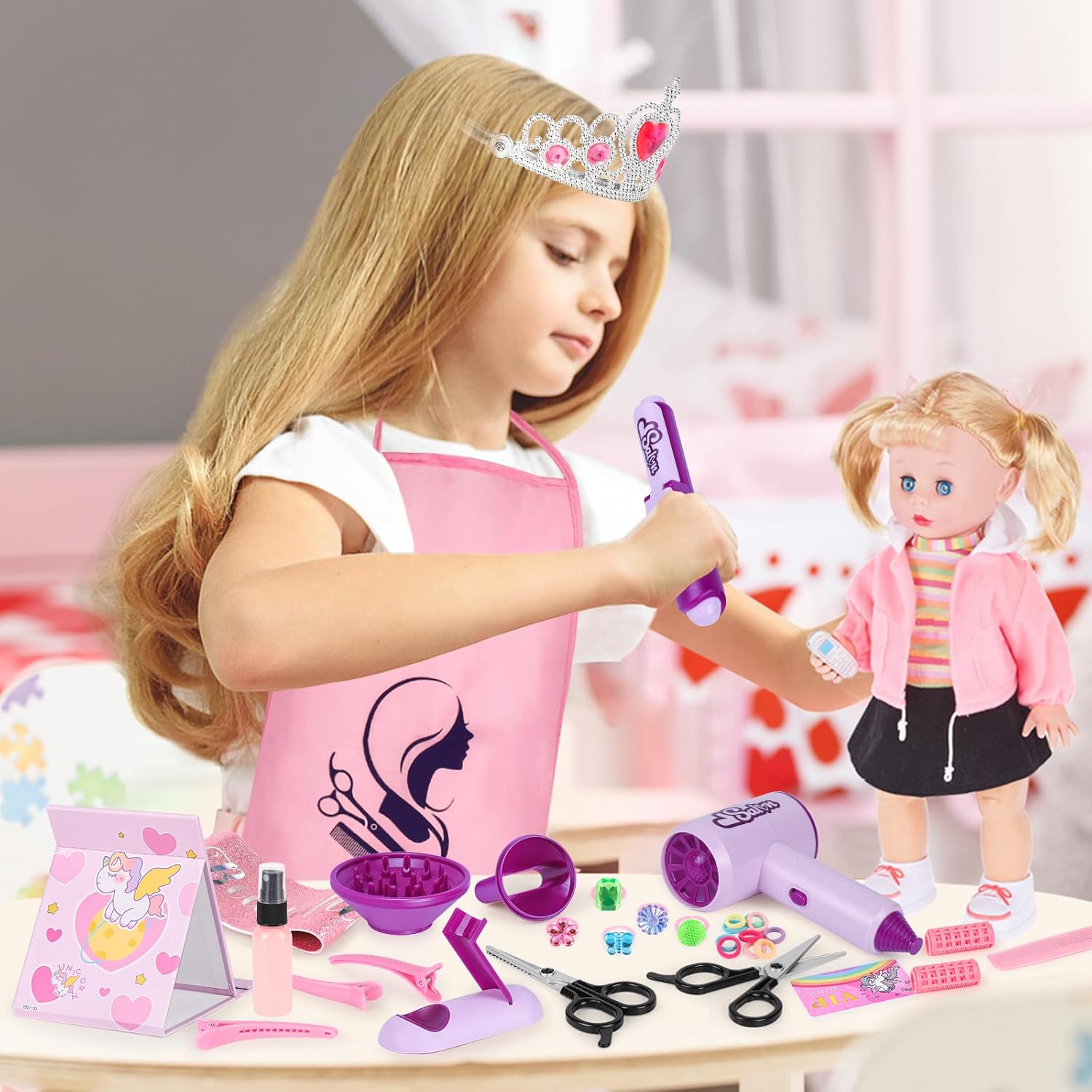 40-Piece Kids Hair Salon Playset with Realistic Hairdryer, Curling Iron, Mirror, and Fun Accessories - Image 7