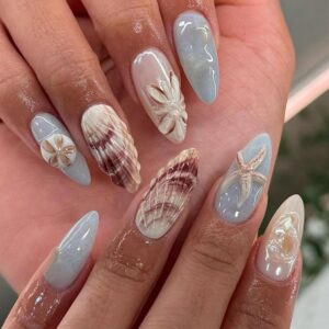 Handmade Press on Nails Medium Almond OFDNE Fake Nails Ocean False Nails with Designs 3D Starfish Shell Pearls Blue Glossy Glue on Nails Handmade Nails Acrylic Nails for Women Girls 24 Pcs