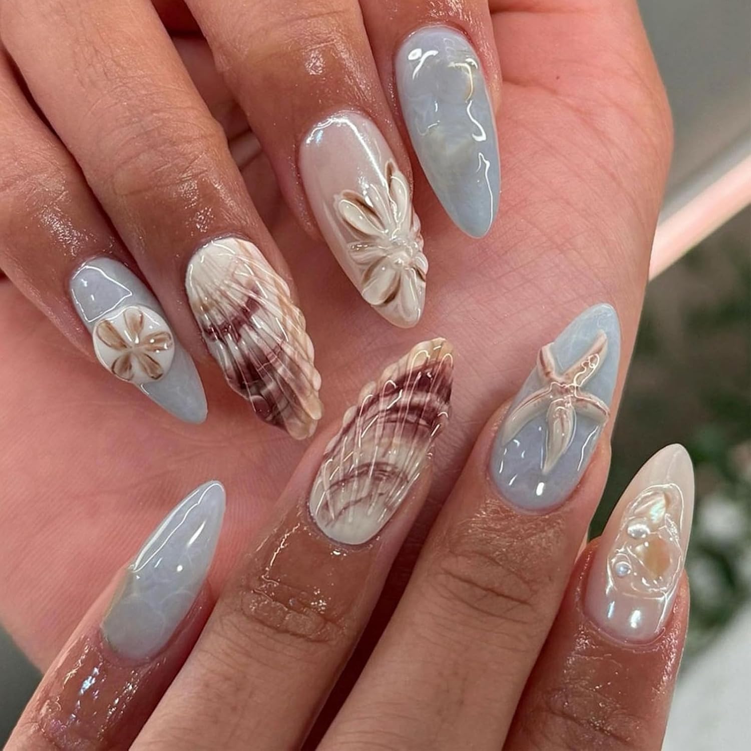 Handmade Press on Nails Medium Almond OFDNE Fake Nails Ocean False Nails with Designs 3D Starfish Shell Pearls Blue Glossy Glue on Nails Handmade Nails Acrylic Nails for Women Girls 24 Pcs