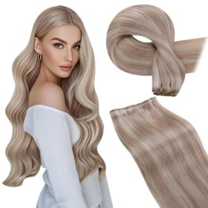 Hetto Sew in Hair Extensions Real Human Hair Blonde Highlights Weft Hair Extensions Human Hair Ash Blonde Highlight Sew in Hair Extension Short for Women Invisible 12 Inch 70g