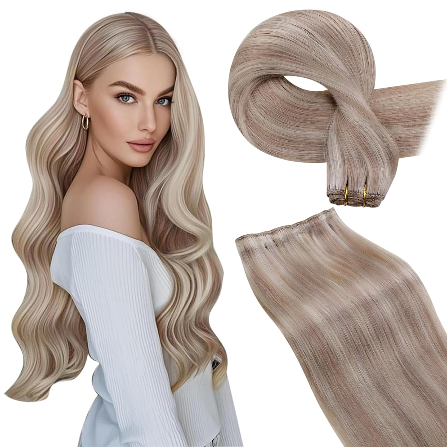 Hetto Sew in Hair Extensions Real Human Hair Blonde Highlights Weft Hair Extensions Human Hair Ash Blonde Highlight Sew in Hair Extension Short for Women Invisible 12 Inch 70g